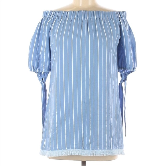 HOT & DELICIOUS Striped Chambray Off the Shoulder Top - Picture 1 of 8